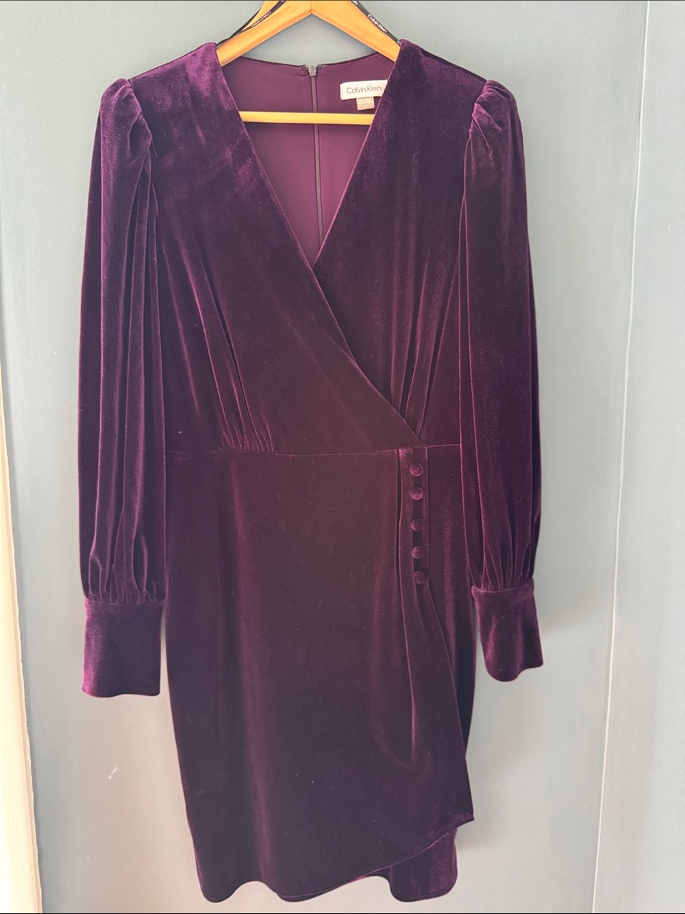 Calvin Klein Velvet Wrap Long-Sleeve Dress in Plum